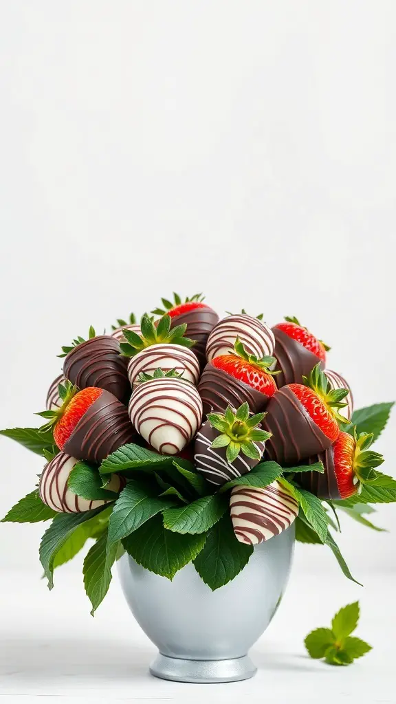 A bouquet of chocolate-covered strawberries arranged in a silver vase.