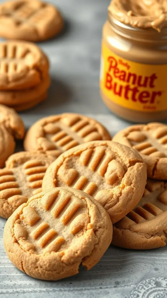 A close-up of peanut butter cookies with a jar of peanut butter in the background.