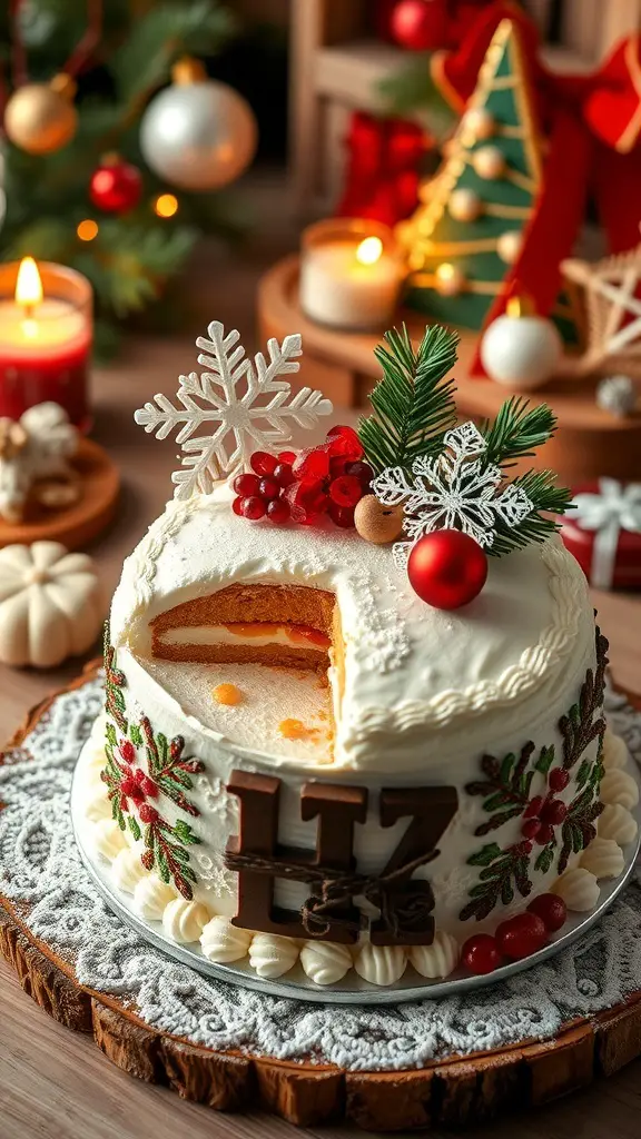 A festive bento cake decorated with snowflakes and berries, showcasing a slice revealing its filling.
