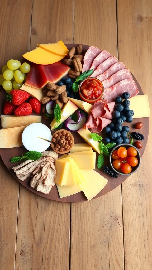 A colorful charcuterie board featuring cheeses, meats, fruits, nuts, and a dip.