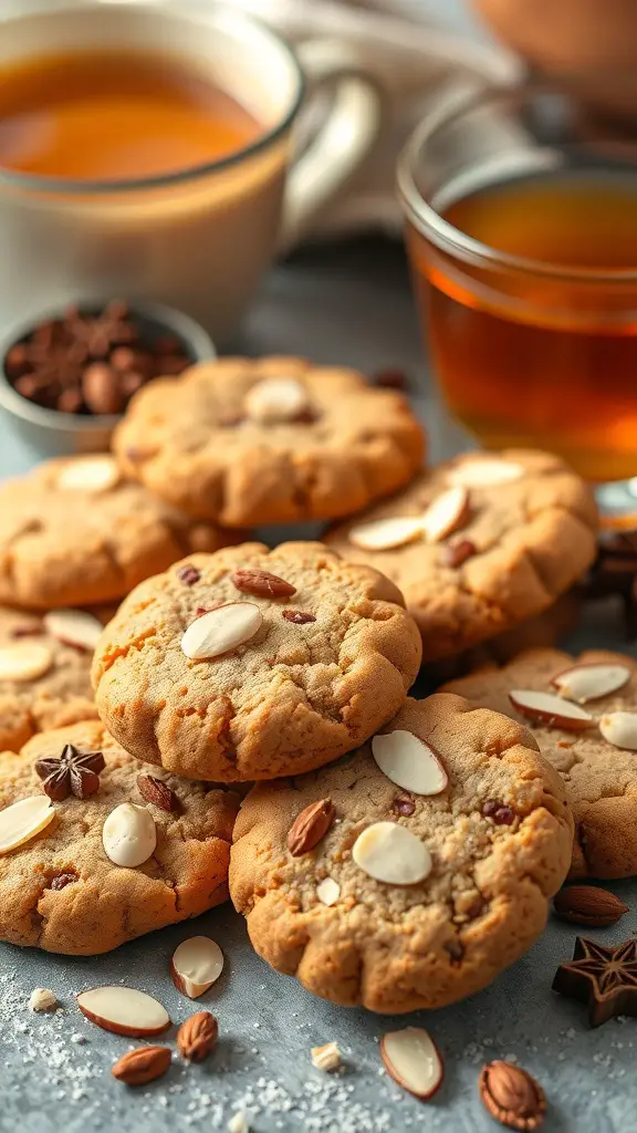 A close-up of spiced chai cookies topped with almonds, with cups of tea in the background.