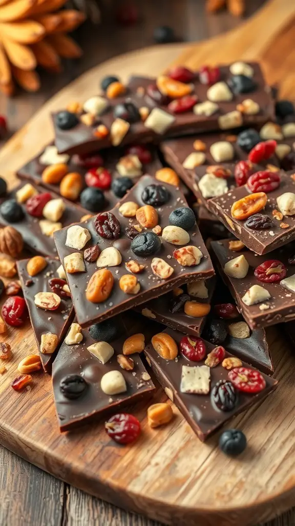 A delicious assortment of fruit and nut chocolate bark pieces on a wooden board.