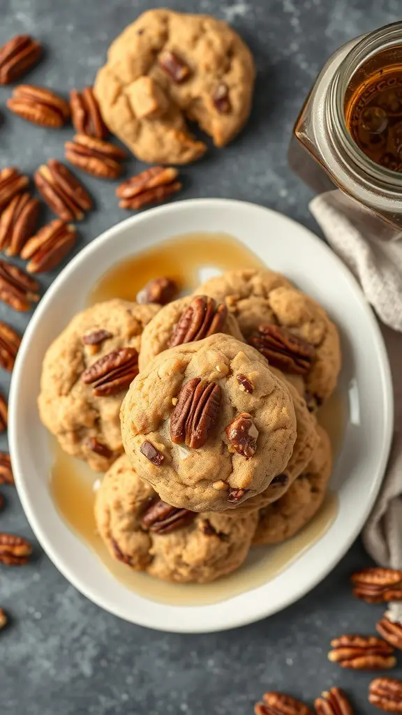 A plate of Nutty Maple Pecan Cookies with pecans and maple syrup