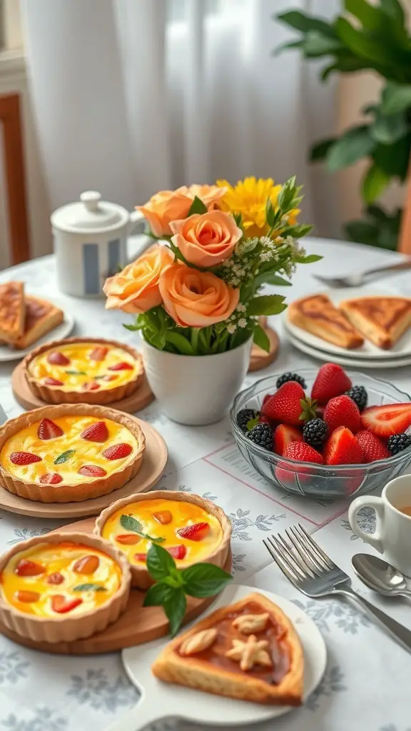 A beautifully arranged brunch table with quiches, savory tarts, and fresh fruit.