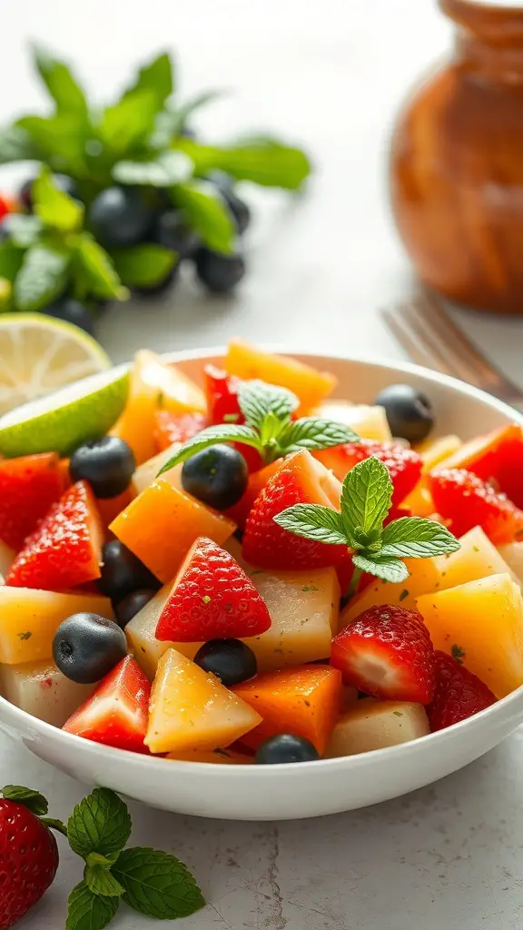 A colorful fruit salad with strawberries, blueberries, and melon garnished with mint and lime.