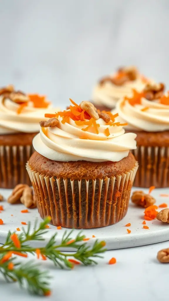 Carrot cake cupcakes with cream cheese frosting, topped with carrot shavings and walnuts.