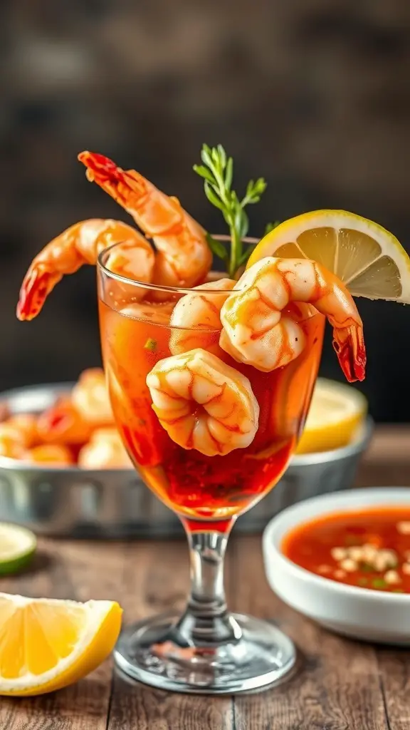 A glass of spicy shrimp cocktail with shrimp, lemon, and herbs