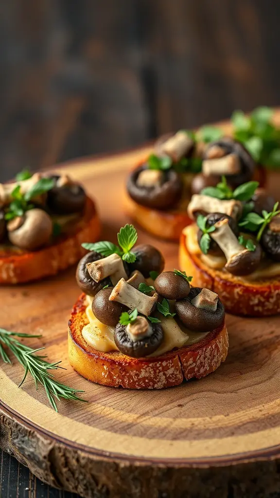 Delicious truffle mushroom crostini on a wooden platter