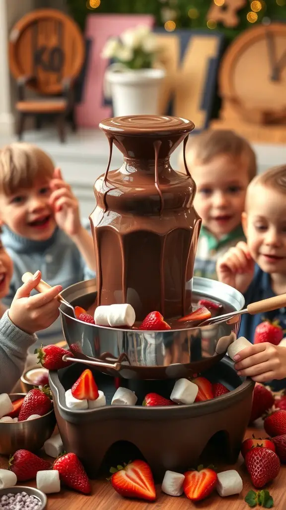 Kids enjoying a chocolate fondue fountain with strawberries and marshmallows