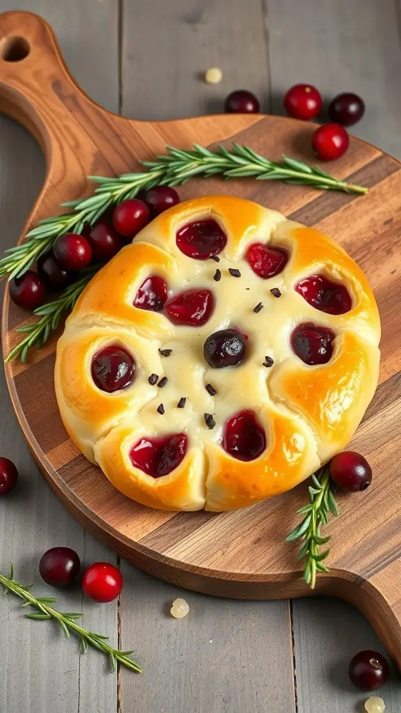 Cranberry Brie Puff Pastry on a wooden board with cranberries and rosemary