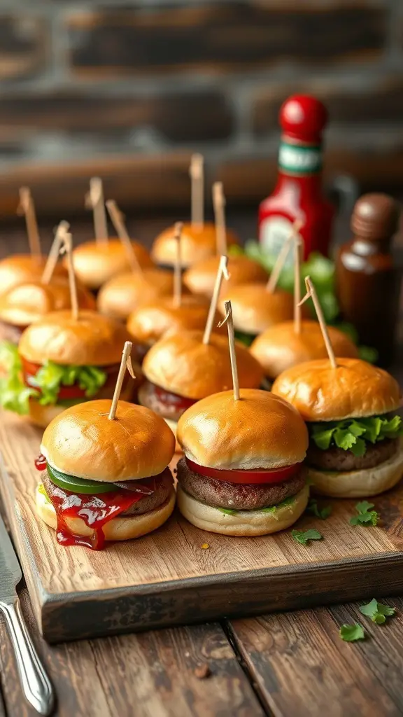 A platter of gourmet sliders with various toppings and sauces.