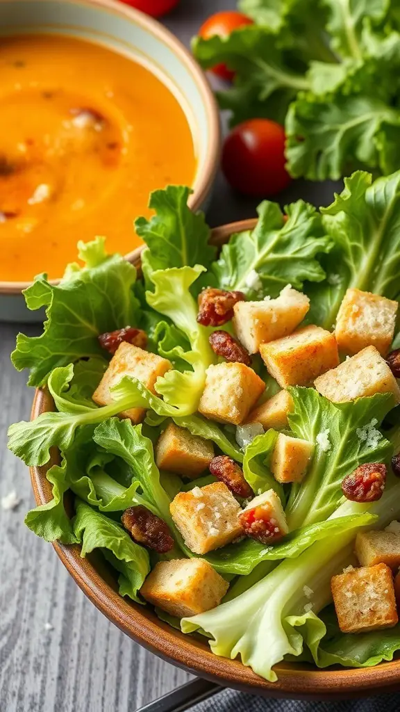 A bowl of Classic Caesar Salad with croutons, lettuce, and a side of soup.