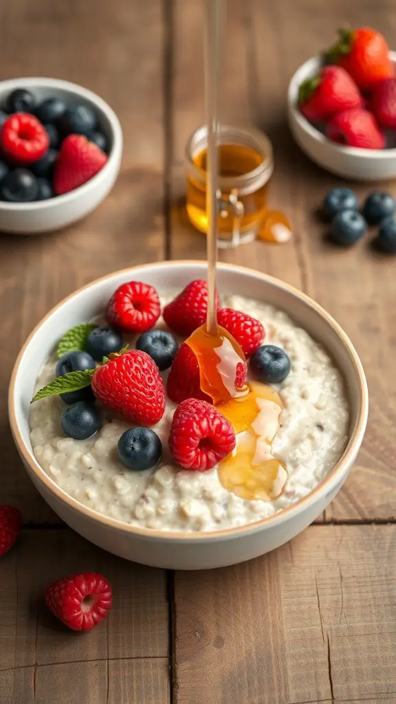 A bowl of overnight oats topped with fresh raspberries and blueberries, with honey being drizzled on top.