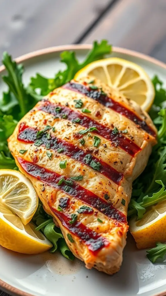 Grilled chicken breast garnished with herbs and lemon slices on a plate