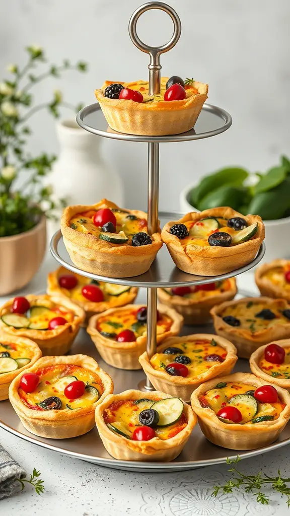 A tiered display of mini quiches filled with seasonal vegetables, garnished with cherry tomatoes and olives.