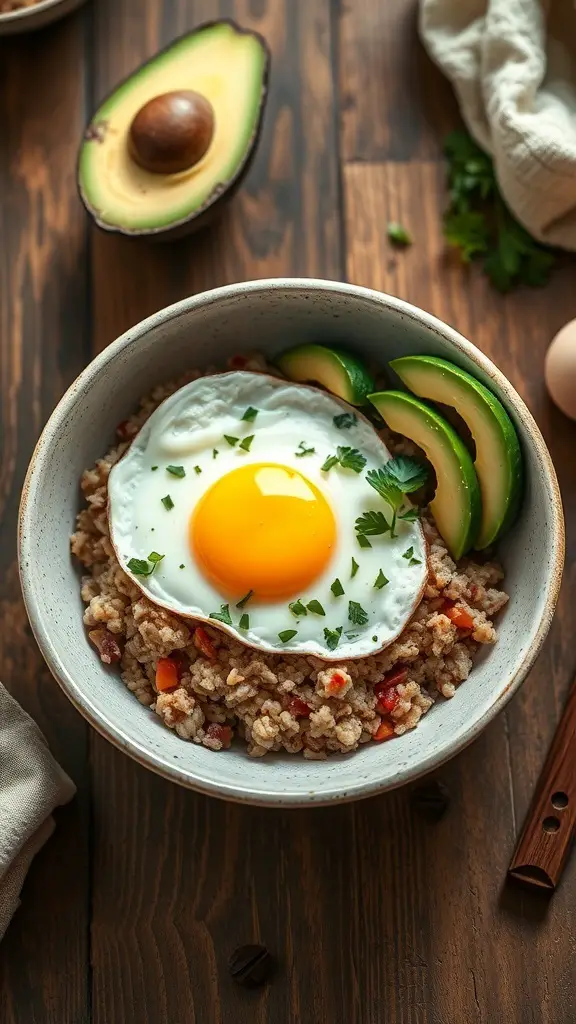 A bowl of savory oatmeal topped with a fried egg and avocado slices, placed on a wooden table.