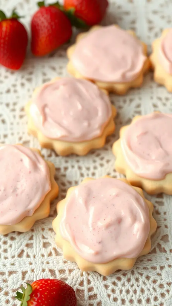 Strawberry cream cheese cookies with pink frosting and fresh strawberries