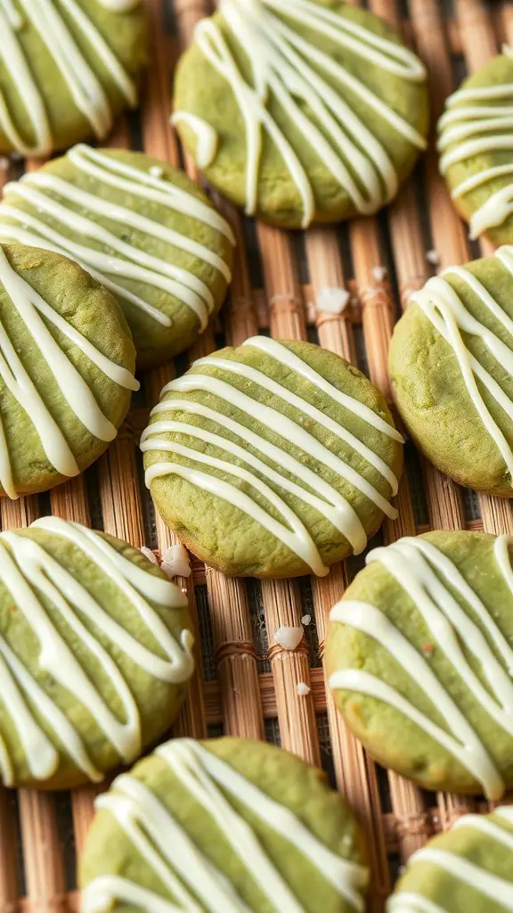 Matcha sugar cookies with white chocolate drizzle arranged on a bamboo mat.