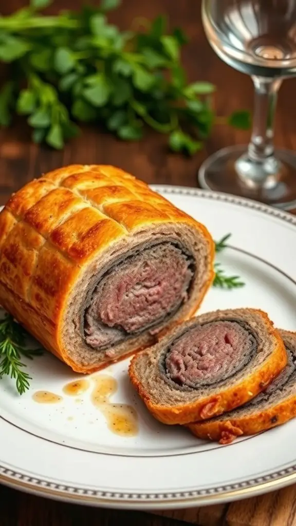 A beautifully sliced Beef Wellington on a plate, showcasing its layers of beef and mushroom filling, garnished with herbs.