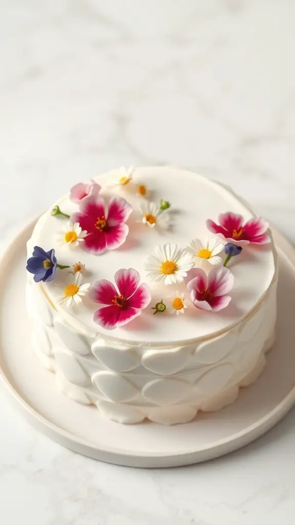 A classic vanilla bean bento cake decorated with colorful edible flowers on a marble surface.