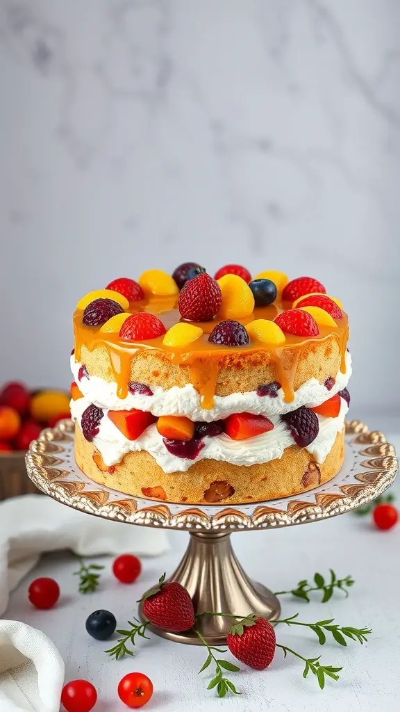 A colorful Sicilian Cassata Cake topped with fresh fruits on a decorative stand.