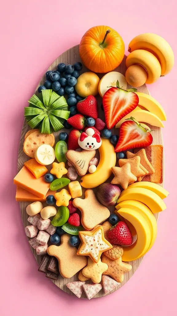 A colorful kids' snack grazing board featuring fruits, cheeses, and playful treats arranged on a wooden board.