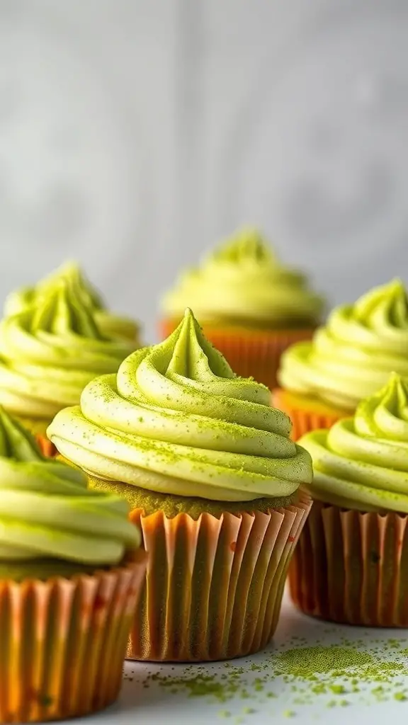A close-up of matcha green tea cupcakes with swirled frosting
