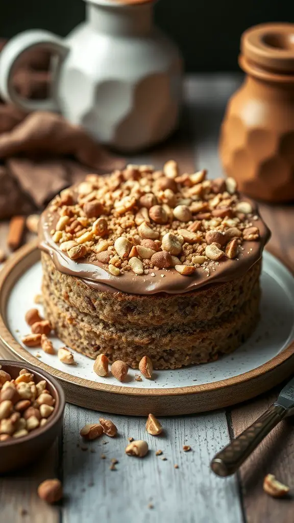 A beautifully layered chocolate hazelnut cake topped with chocolate frosting and chopped hazelnuts, served on a wooden plate.