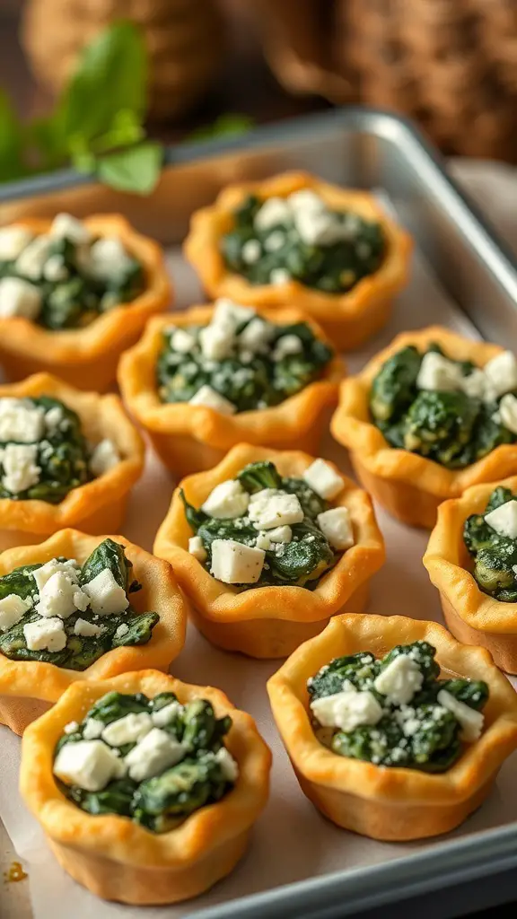 Savory spinach and feta pastry bites arranged on a baking tray