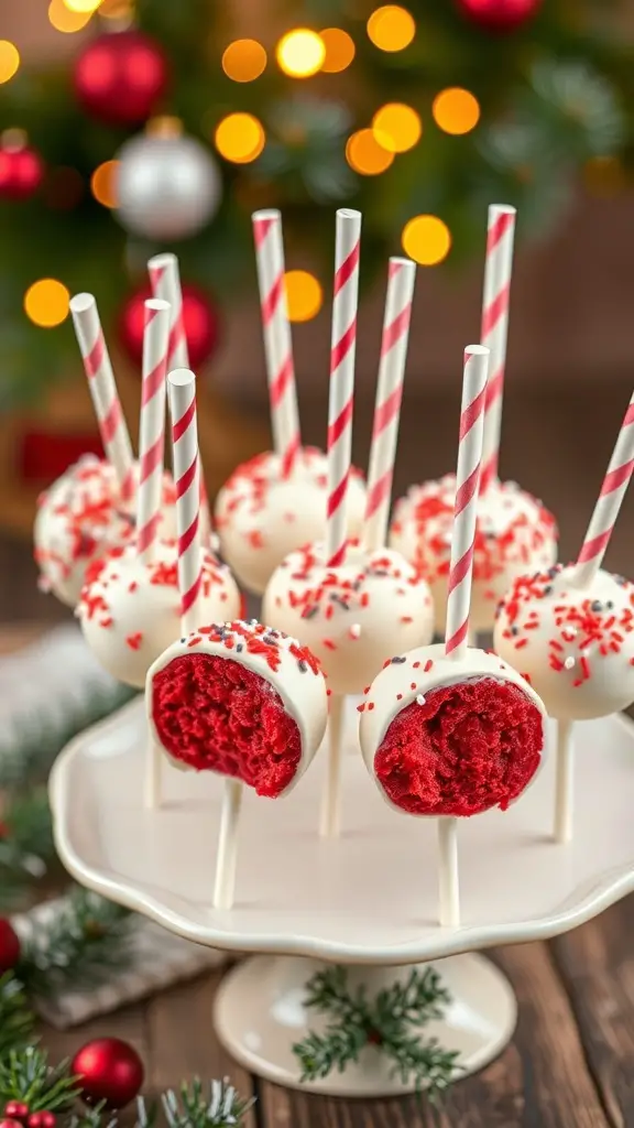 A plate of red velvet cake pops with white chocolate coating and festive sprinkles, set against a holiday backdrop.