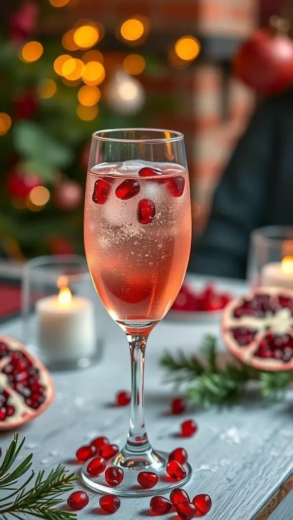 A glass of Pomegranate Sparkler with pomegranate seeds, surrounded by candles and festive decorations