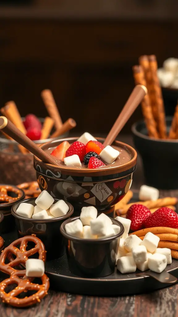 A chocolate fondue station with melted chocolate, fresh fruits, pretzel sticks, and marshmallows.