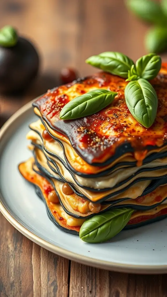 A plate of eggplant lasagna layered with cashew cheese and topped with fresh basil.