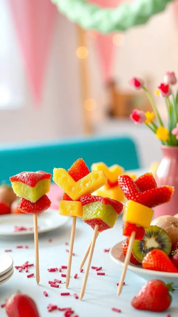 Colorful fruit skewers arranged like arrows, featuring strawberries, watermelon, and pineapple.