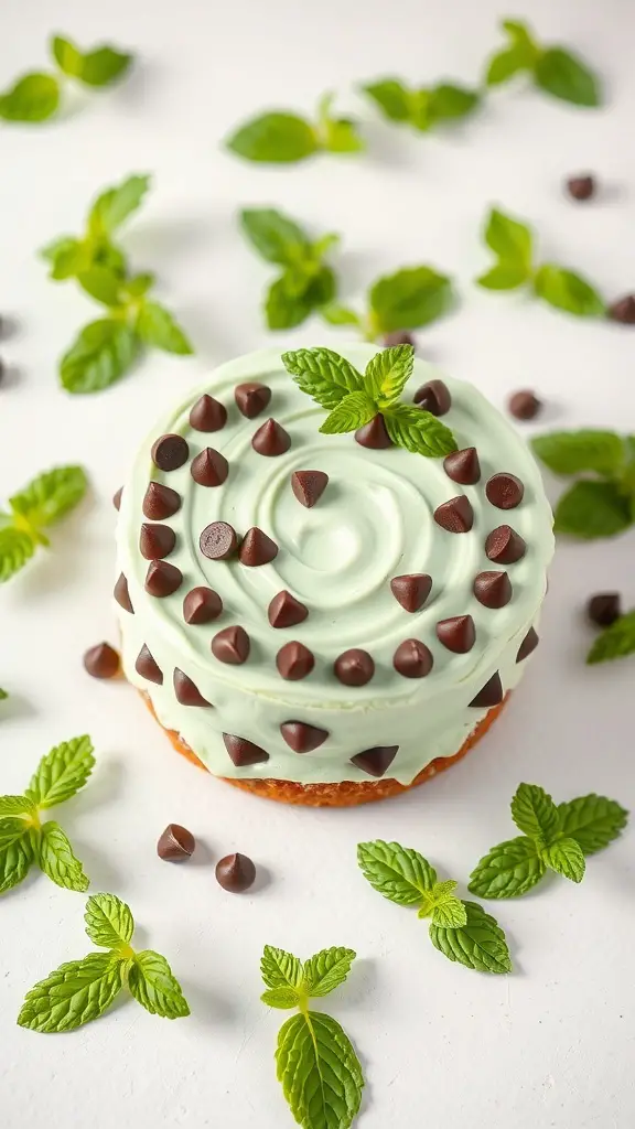A mint chocolate chip bento cake decorated with mint leaves and chocolate chips.