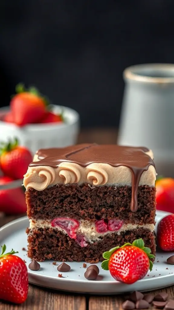 A slice of Strawberry Mocha Poke Cake topped with chocolate frosting and fresh strawberries on a plate.
