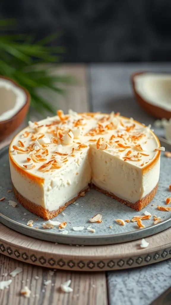 A coconut cream cheesecake with toasted coconut flakes on top, showcasing a creamy filling and a golden crust.
