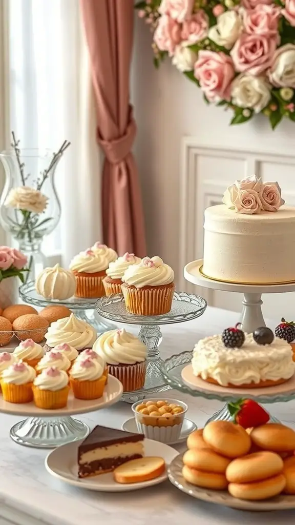 A beautifully arranged dessert table featuring a cake, cupcakes, cookies, and candies, surrounded by floral decorations.
