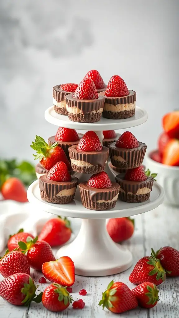 A tiered stand filled with chocolate strawberry cheesecake bites topped with fresh strawberries, surrounded by whole strawberries.