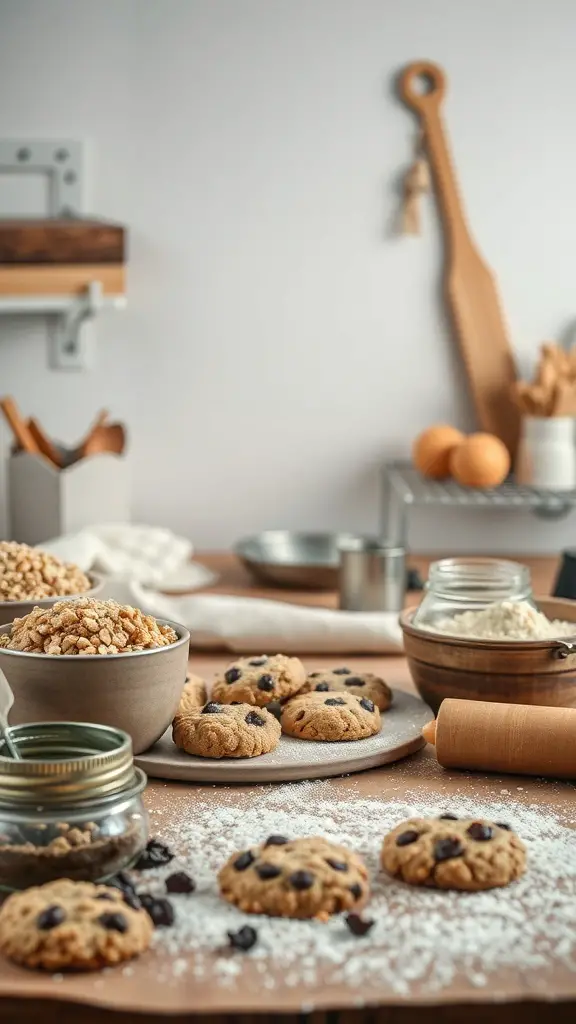 A cozy kitchen scene with oatmeal raisin cookies, bowls of ingredients, and baking tools.