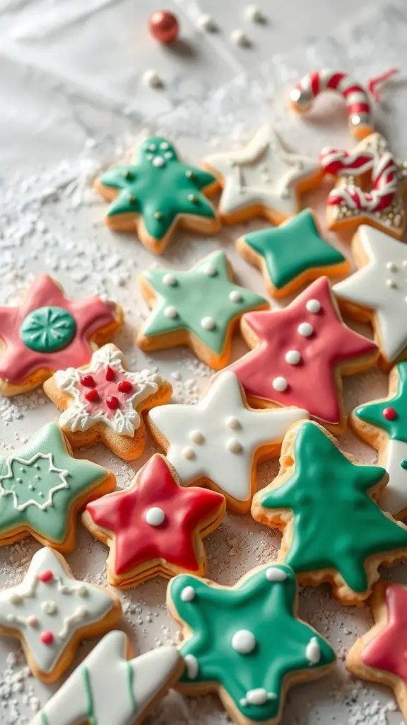 A variety of decorated sugar cookies in festive shapes and colors.