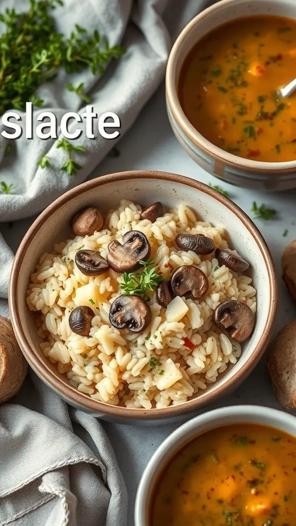 A bowl of mushroom risotto with soup on the side, garnished with herbs.