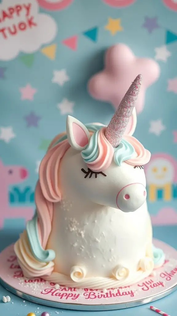 A whimsical unicorn cake with a colorful mane and sparkling horn, set against a playful background.