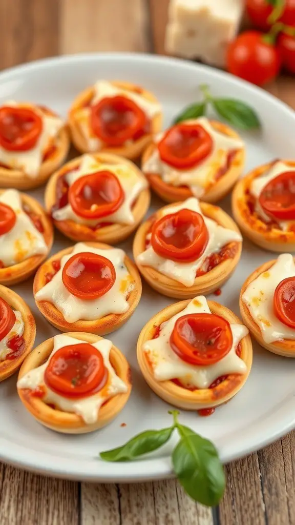 A plate of mini pizza bites topped with cheese and pepperoni.