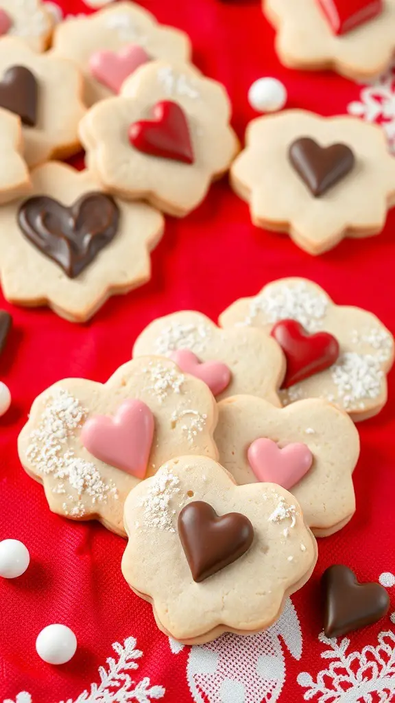 Vanilla bean sugar cookies shaped like flowers with chocolate hearts on top