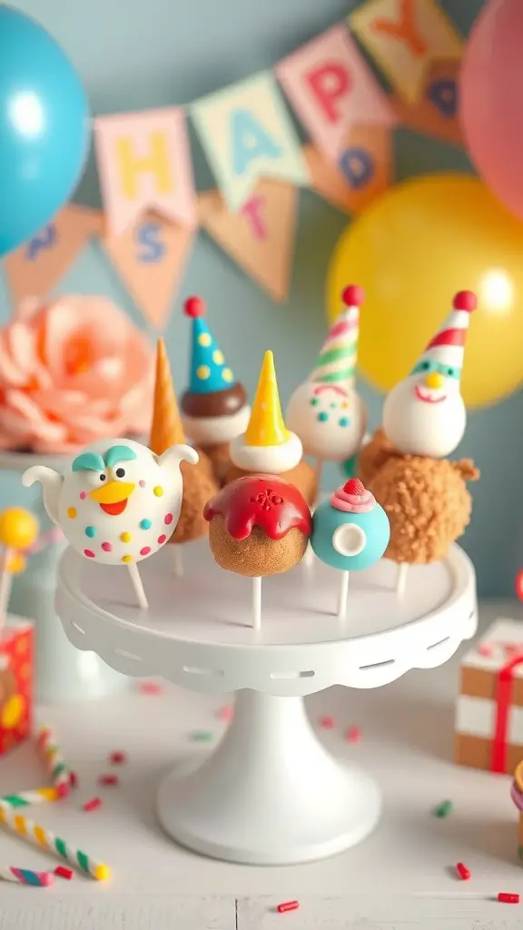 Colorful themed cake pops on a white stand, decorated for a birthday party.