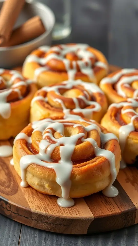 Delicious yellow cake mix cinnamon rolls drizzled with icing on a wooden platter.