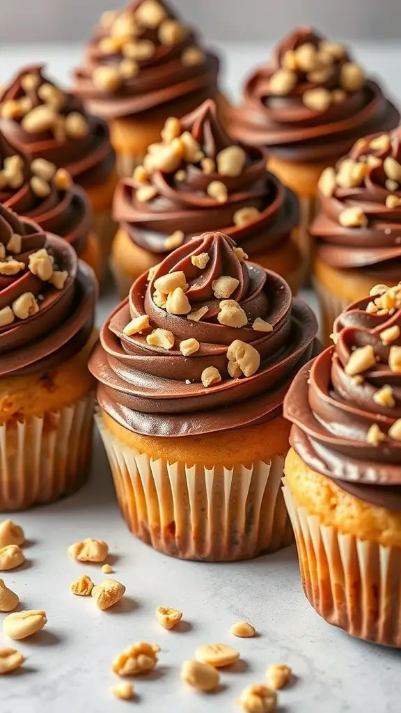 Peanut butter cupcakes with chocolate frosting and chopped peanuts on top