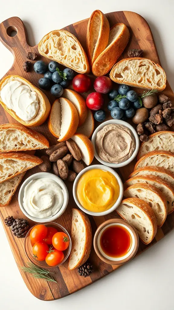 A wooden board featuring various artisan breads, spreads, fresh fruits, and nuts.