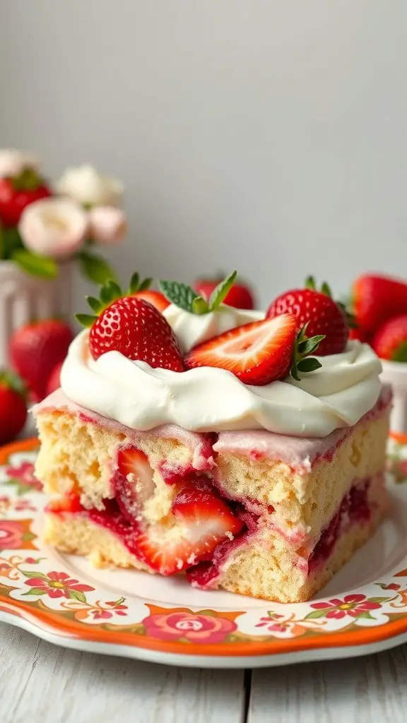 A slice of classic strawberry poke cake topped with whipped cream and fresh strawberries on a decorative plate.